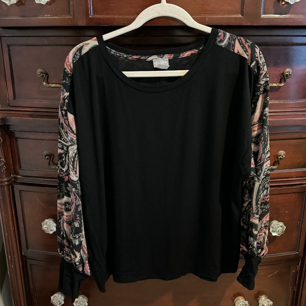 Chico's Mix Black Knit & Paisley Chiffon Shirt - Size 2/Large